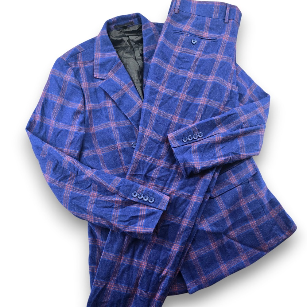 Devil's Advocate Suit Mens 44 Blue Red Plaid Double Breasted Wool Blend 36x32